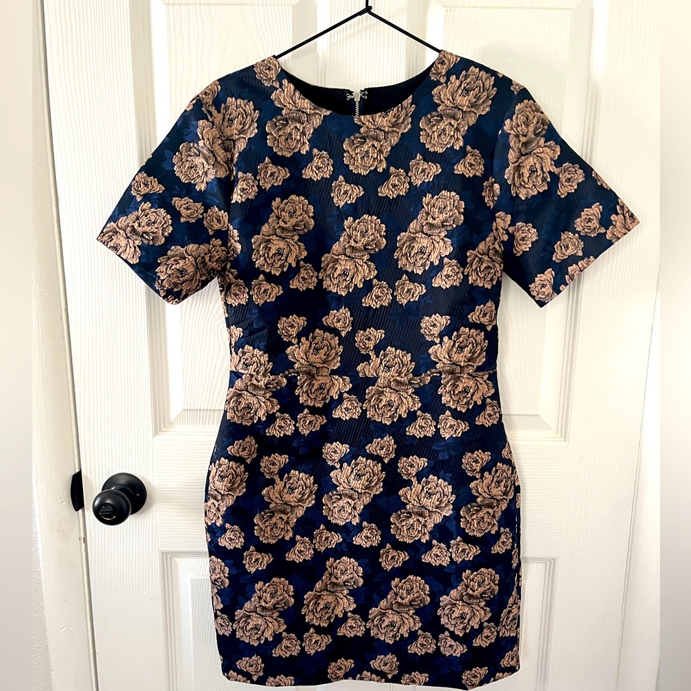 Endless Rose Navy Blue Floral Jacquard Sheath Dress with Gold Roses